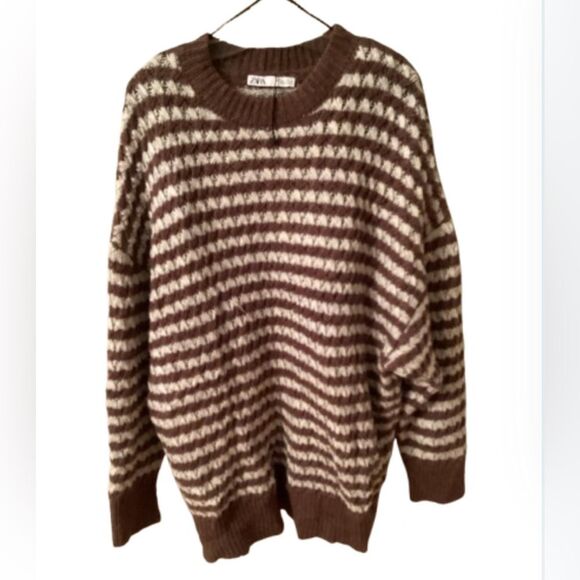 ZARA LARGE NWOT BROWN AND IVORY STRIPED CHUNKY KNIT BOYFRIEND SLOUCHY SWEATER - Picture 2 of 8